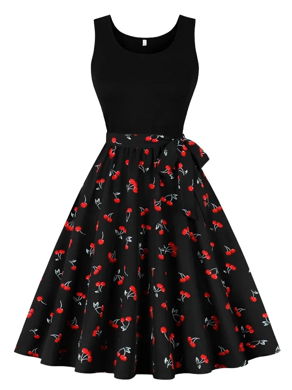 Black 1950s Red Cherry Patchwork Swing Dress