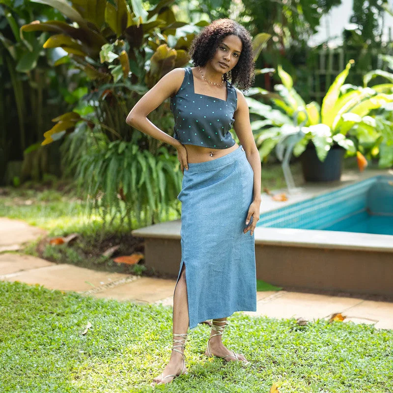 Linen Midi Skirt for Women | Denim Blue | Side Slit