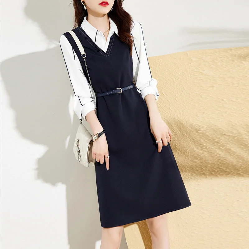 NiDELL Spring . Spring New Korean Fashion V-neck Shirt Waistcoat Dress Women's Belt Waist Two-Piece Set