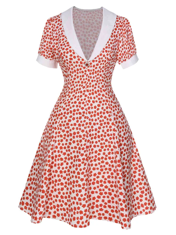 Red 1950s Ditsy Floral Lapel Dress