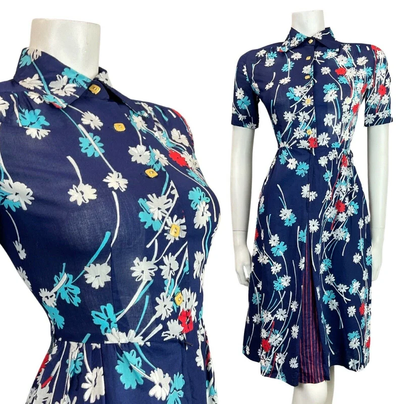 VINTAGE 60s 70s BLUE WHITE RED FLORAL MOD DAGGER COLLAR SHIRT DRESS 8