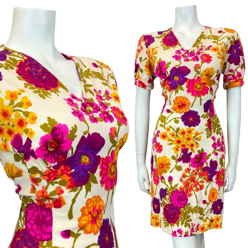 VINTAGE 60s 70s WHITE PURPLE PINK YELLOW GARDEN FLORAL FITTED SWING DRESS 12 14