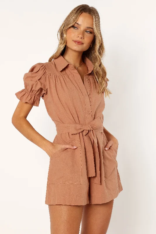 Riley Waist Tie Romper - Mocha