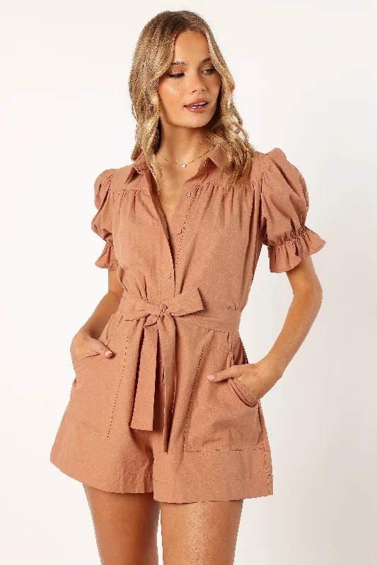 Riley Waist Tie Romper - Mocha