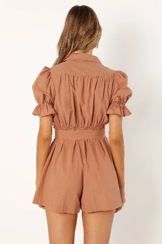 Riley Waist Tie Romper - Mocha