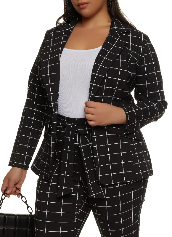 Plus Size Windowpane Print Blazer