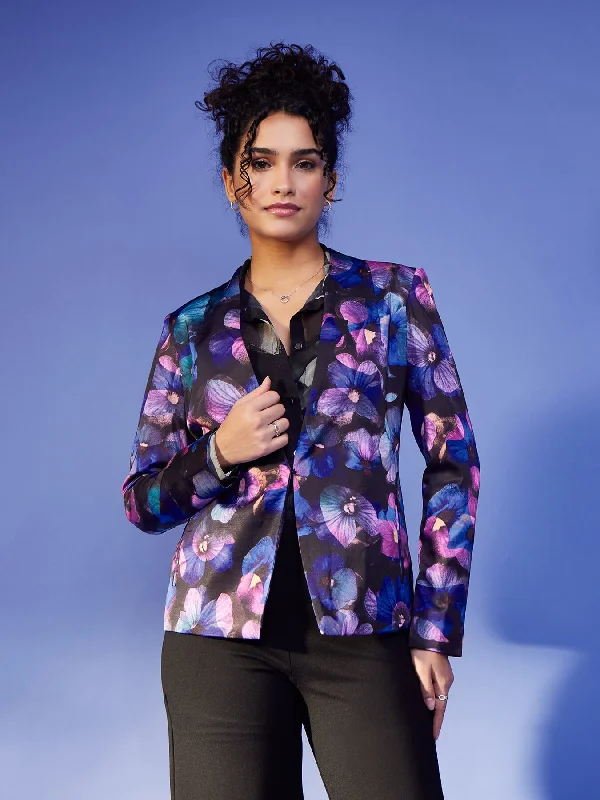 Satin Floral Print Blazer - Navy And Black