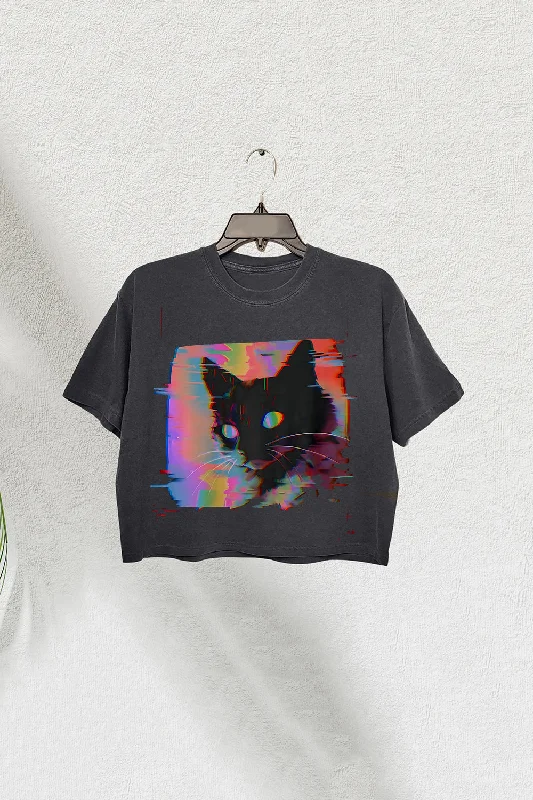 Psychedelic Weirdcore Cat Crop Tee For Women